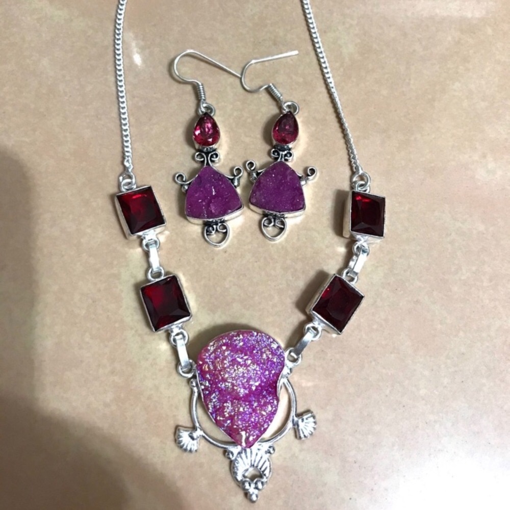 Titanium Druzy Garnet Gemstone Necklace & Earrings
